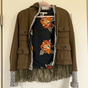 Olive Green Women's Jacket with Lace Trim